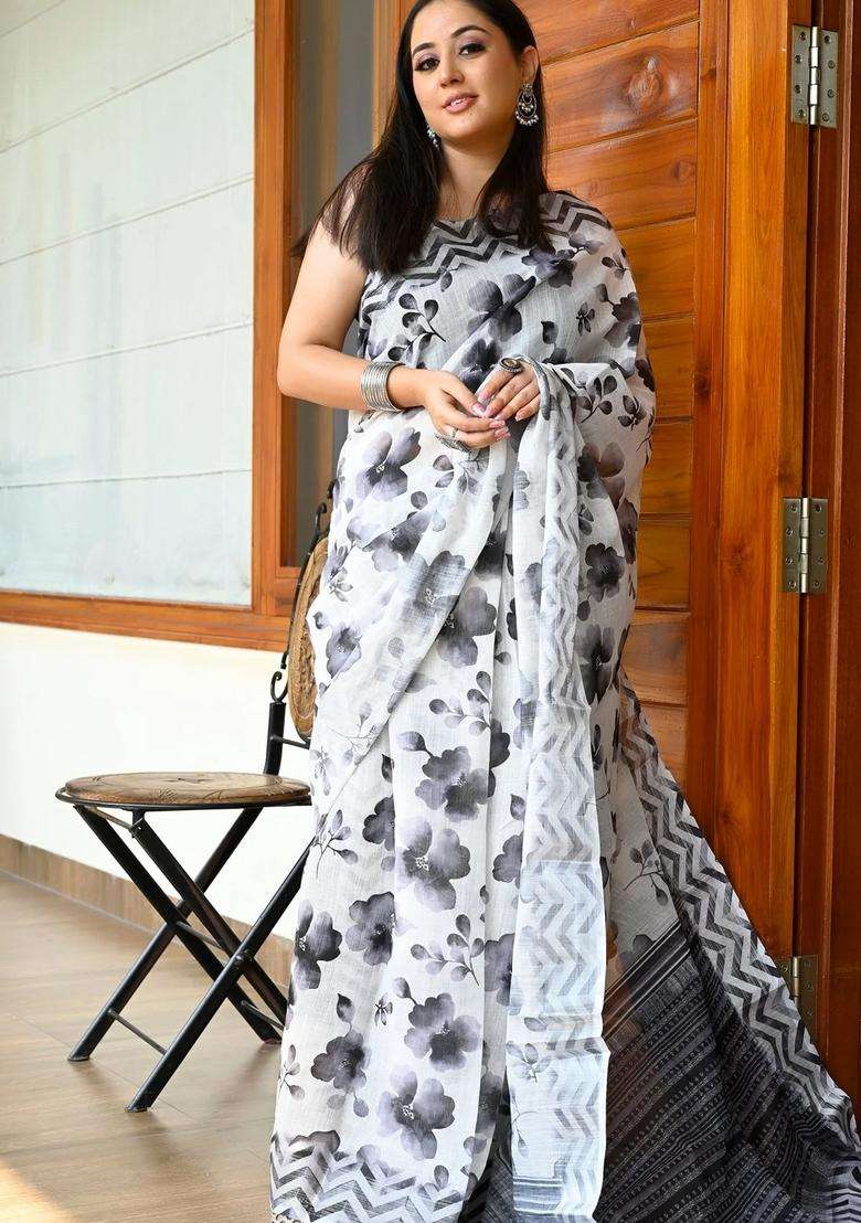 Cream With Black Linen Saree With Digital Floral Print With Printed Design For Women - Indya