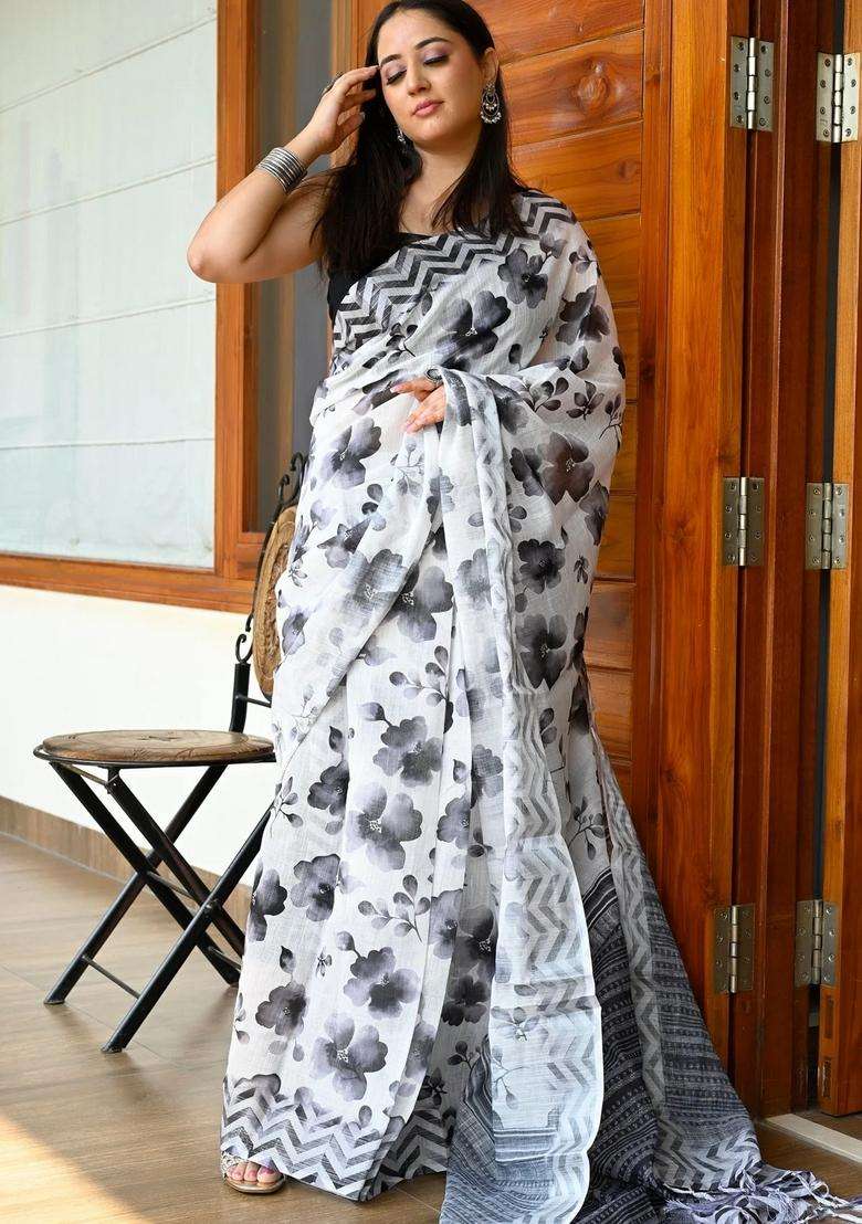 Cream With Black Linen Saree With Digital Floral Print With Printed Design For Women - Indya