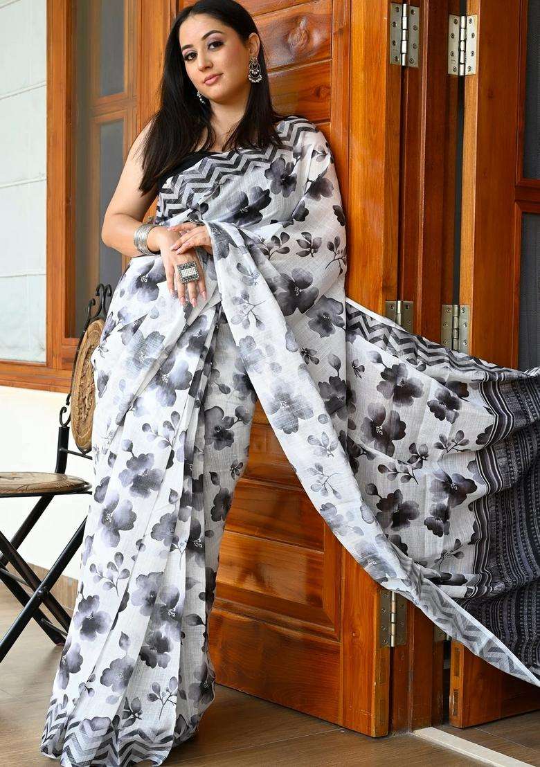 Cream With Black Linen Saree With Digital Floral Print With Printed Design For Women - Indya