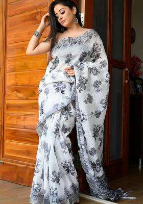 White And Black Linen Saree With Digital Floral Print With Printed Design For Women