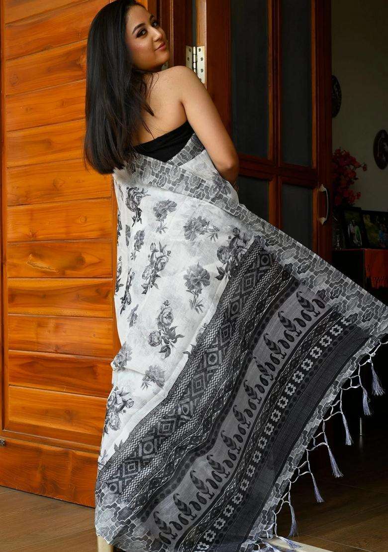 White And Black Linen Saree With Digital Floral Print With Printed Design For Women - Indya