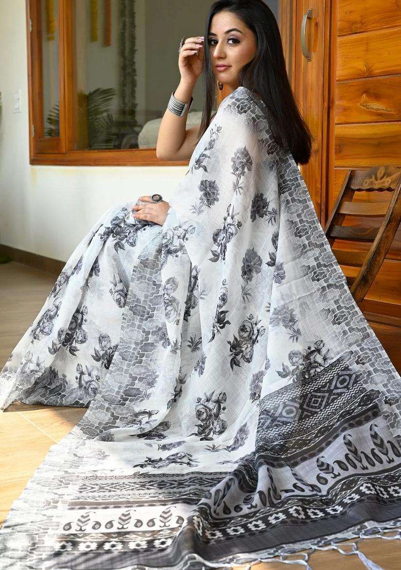 White And Black Linen Saree With Digital Floral Print With Printed Design For Women - Indya