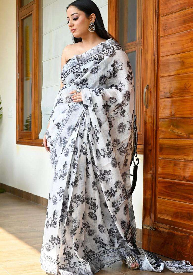 White With Black Linen Saree With Digital Floral Print With Printed Design For Women - Indya