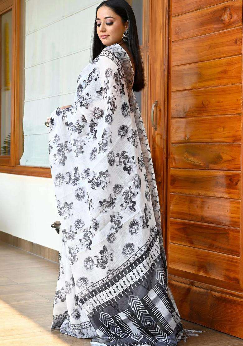 White With Black Linen Saree With Digital Floral Print With Printed Design For Women - Indya