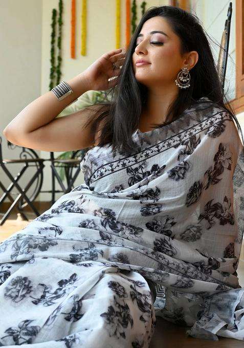 White With Black Linen Saree With Digital Floral Print With Printed Design For Women