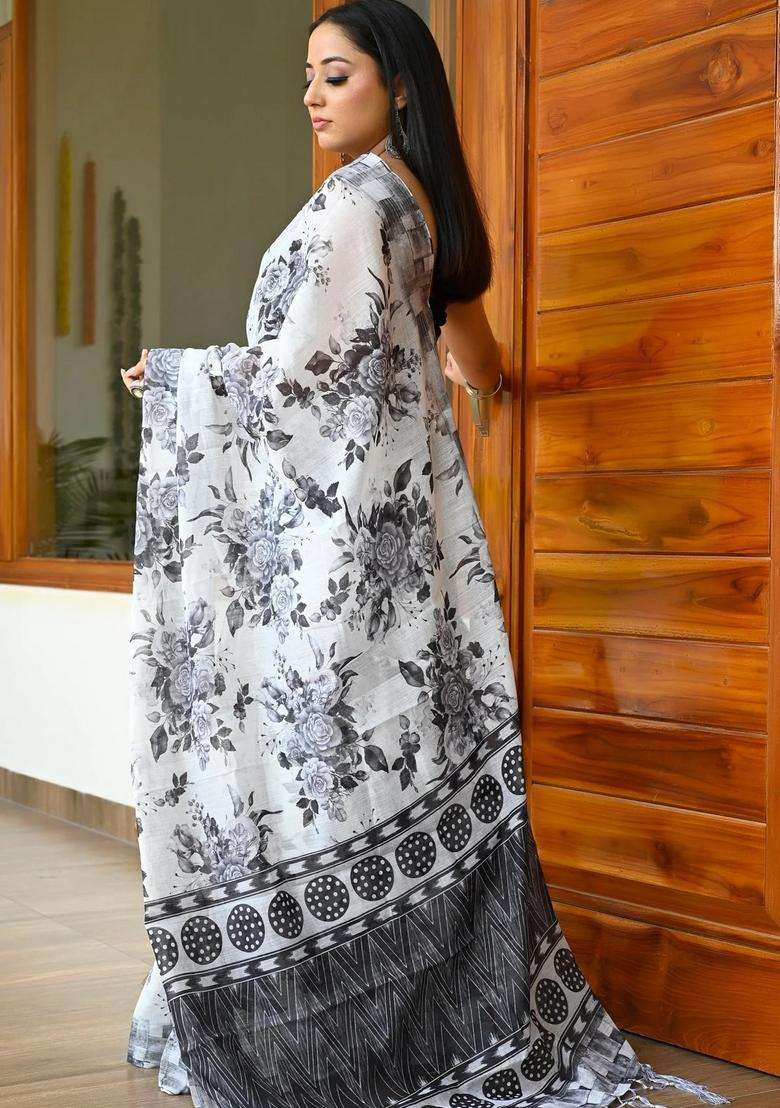 White With Black Linen Saree With Floral Print With Printed Design For Women - Indya