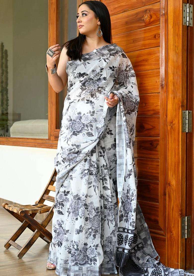 White With Black Linen Saree With Floral Print With Printed Design For Women - Indya