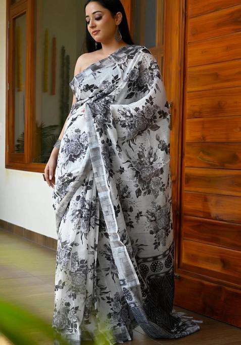 White With Black Linen Saree With Floral Print With Printed Design For Women
