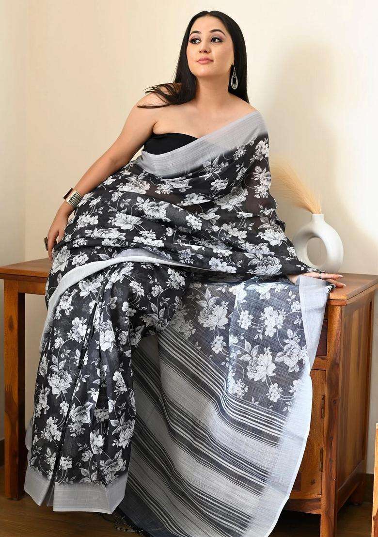 Black With White Linen Saree With Digital Floral Print With Printed Design For Women - Indya