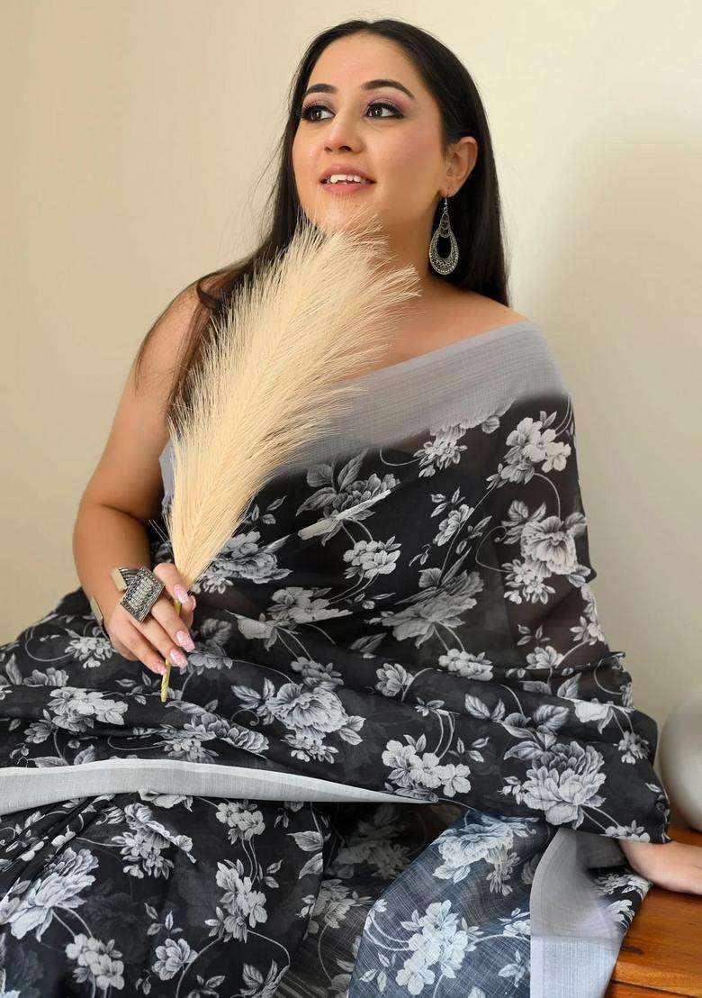 Black With White Linen Saree With Digital Floral Print With Printed Design For Women - Indya