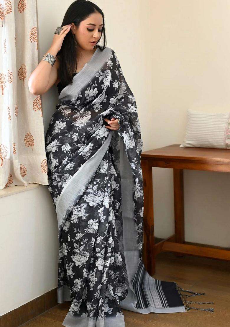 Black With White Linen Saree With Digital Floral Print With Printed Design For Women - Indya