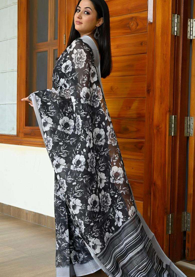 Black With White Linen Saree With Digital Floral Print With Printed Design For Women - Indya