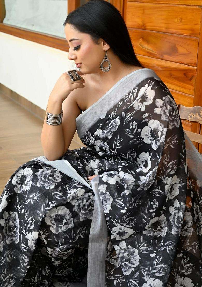 Black With White Linen Saree With Digital Floral Print With Printed Design For Women - Indya