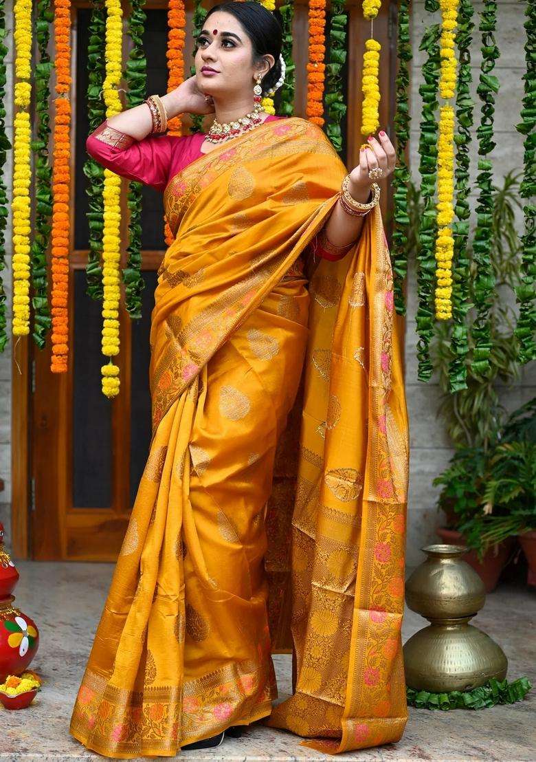 Mustard Yellow Color Handloom Pure Banarasi Silk Saree With Traditional Woven Design For Women - Indya