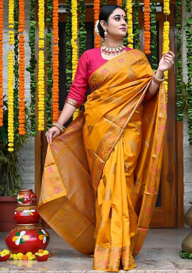 Mustard Yellow Color Handloom Pure Banarasi Silk Saree With Traditional Woven Design For Women - Indya