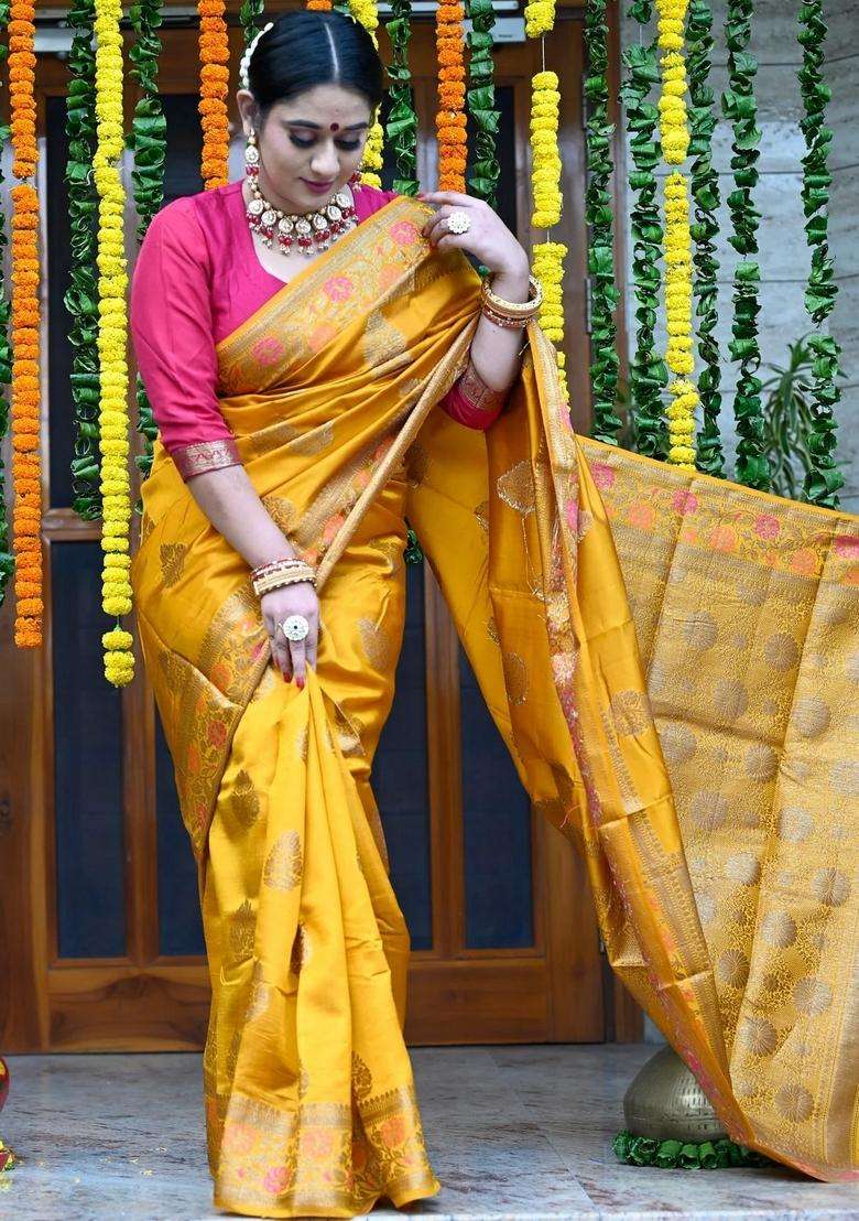 Mustard Yellow Color Handloom Pure Banarasi Silk Saree With Traditional Woven Design For Women - Indya