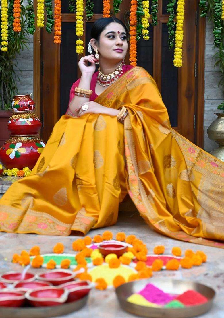 Mustard Yellow Color Handloom Pure Banarasi Silk Saree With Traditional Woven Design For Women - Indya