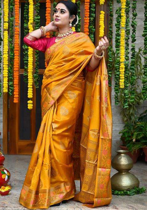 Mustard Yellow Color Handloom Pure Banarasi Silk Saree With Traditional Woven Design For Women