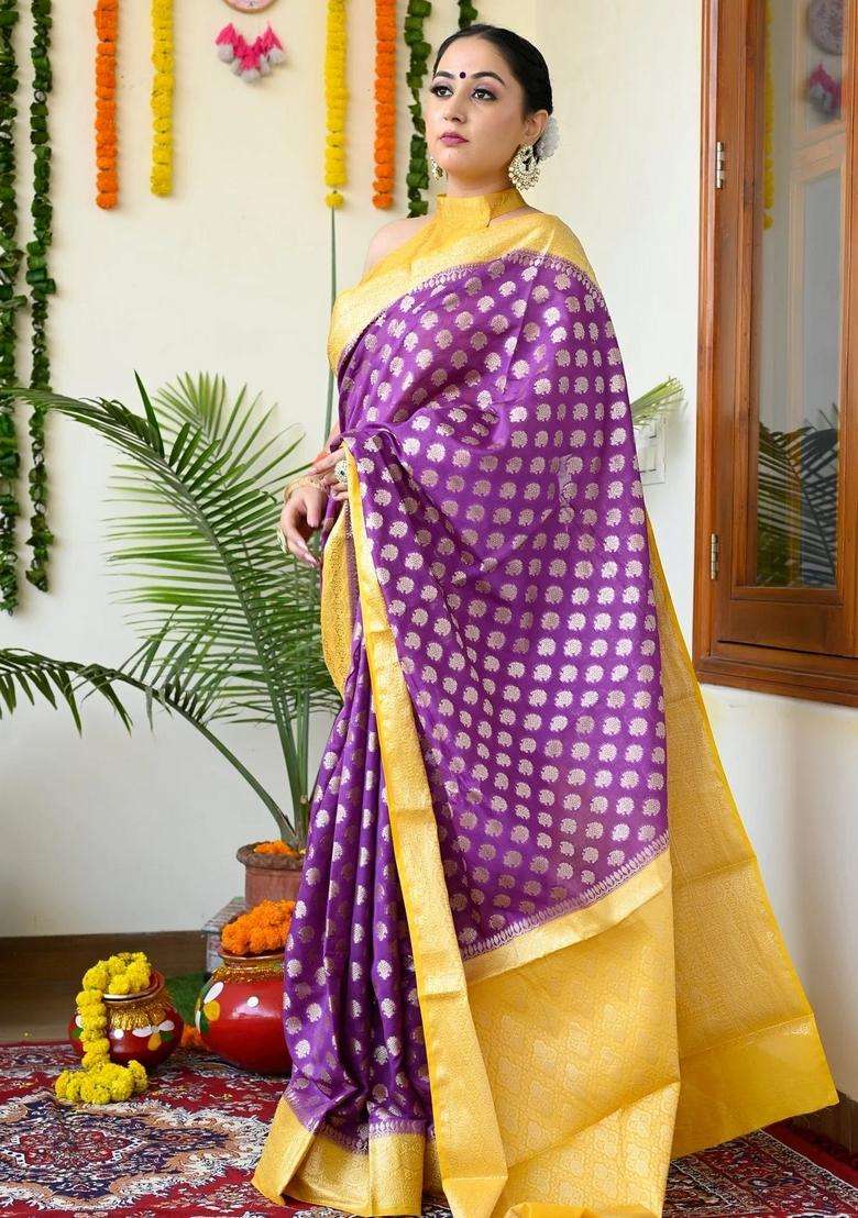 Purple Color Maheshwari Silk Handloom Silk Cotton Saree With Yellow Borders And Pallu With Traditional Woven Design For Women - Indya