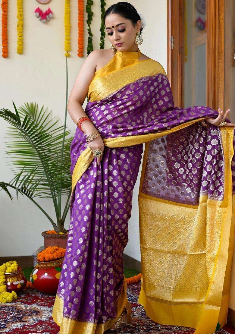 Purple Color Maheshwari Silk Handloom Silk Cotton Saree With Yellow Borders And Pallu With Traditional Woven Design For Women - Indya
