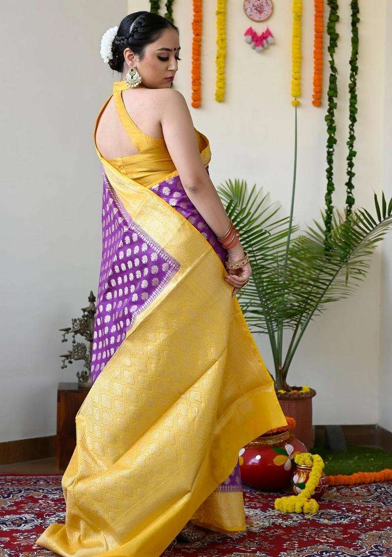 Purple Color Maheshwari Silk Handloom Silk Cotton Saree With Yellow Borders And Pallu With Traditional Woven Design For Women - Indya