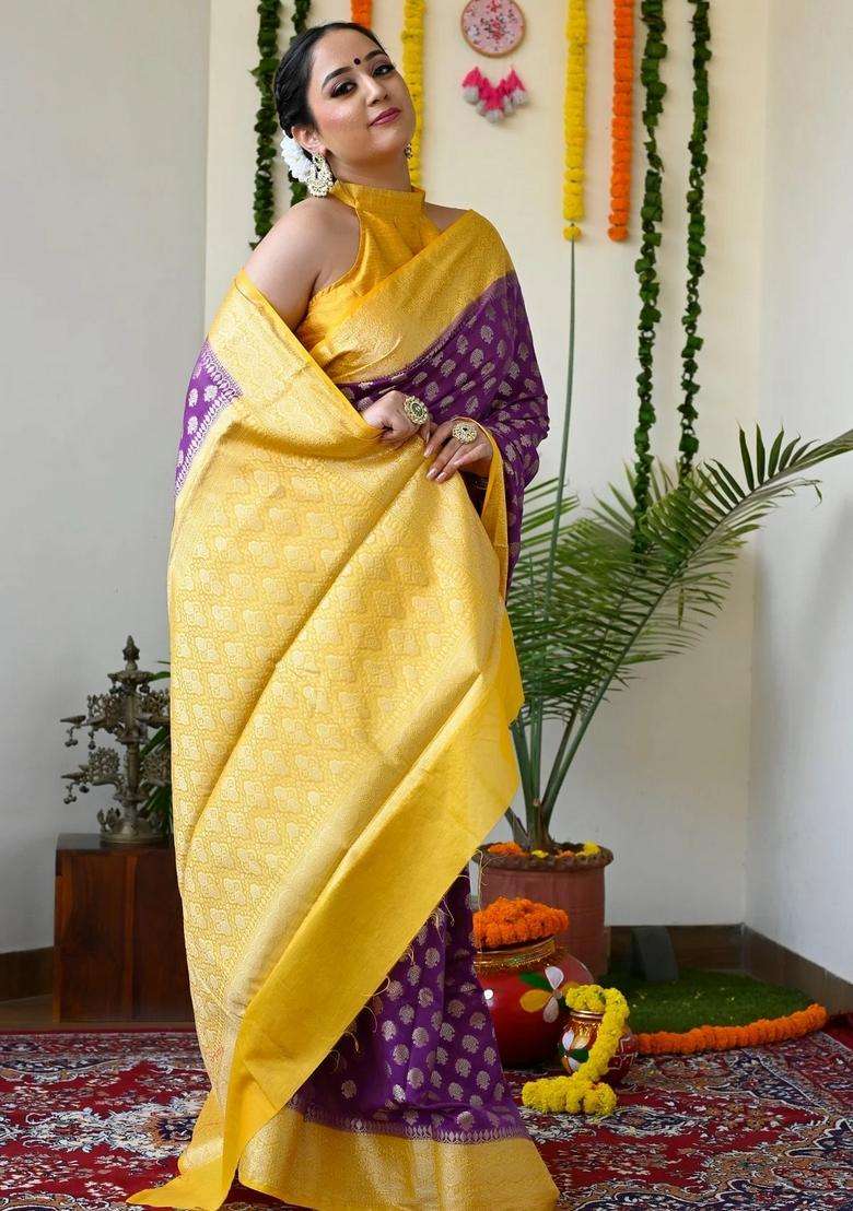 Purple Color Maheshwari Silk Handloom Silk Cotton Saree With Yellow Borders And Pallu With Traditional Woven Design For Women - Indya