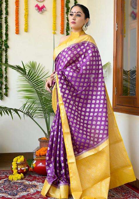Purple Color Maheshwari Silk Handloom Silk Cotton Saree With Yellow Borders And Pallu With Traditional Woven Design For Women