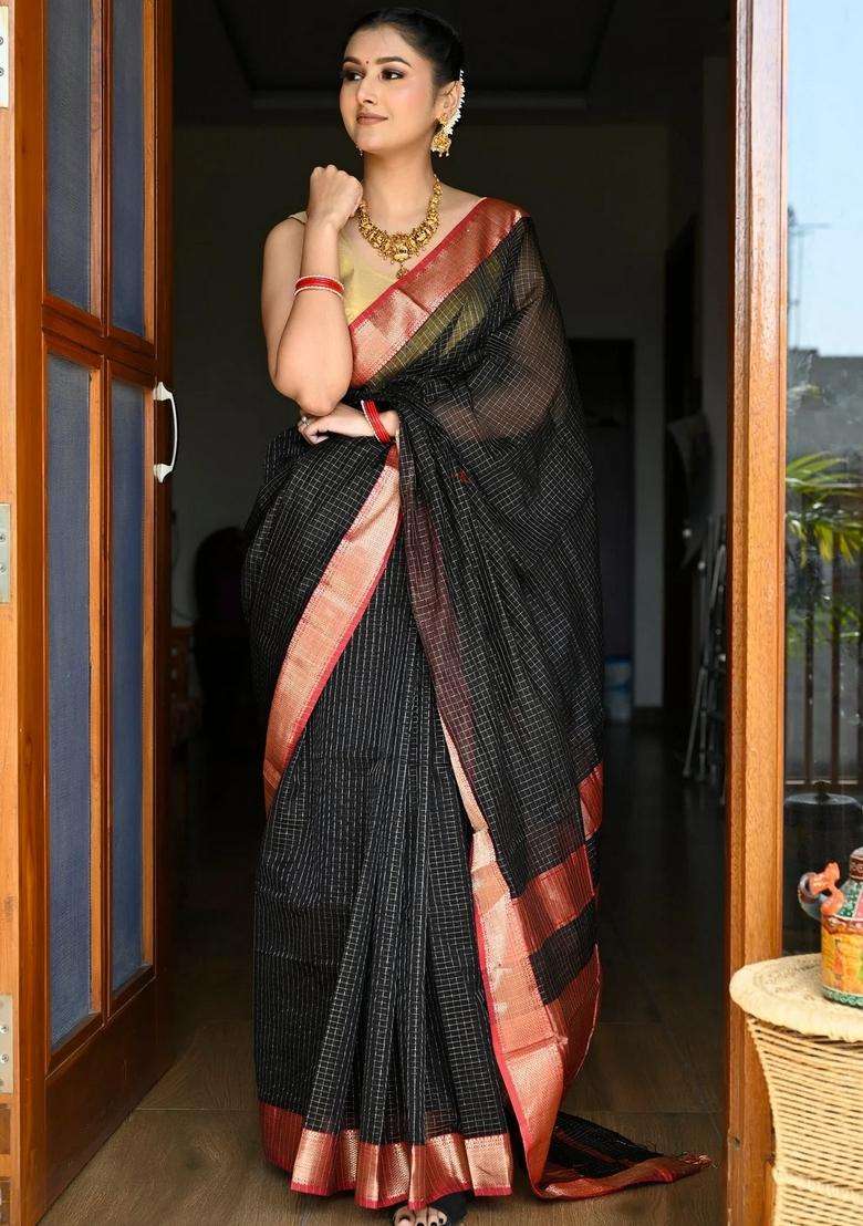 Black And Red Checked Pure Maheshwari Silk Cotton Saree With Zari Pallu And Borders With Checks And Stripes Design For Women - Indya