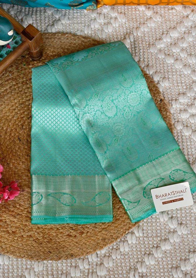 Sea Green And Gold Contrast Kanjivaram Silk Saree Contains 1 Gram Pure Gold With Traditional Woven Design For Women - Indya