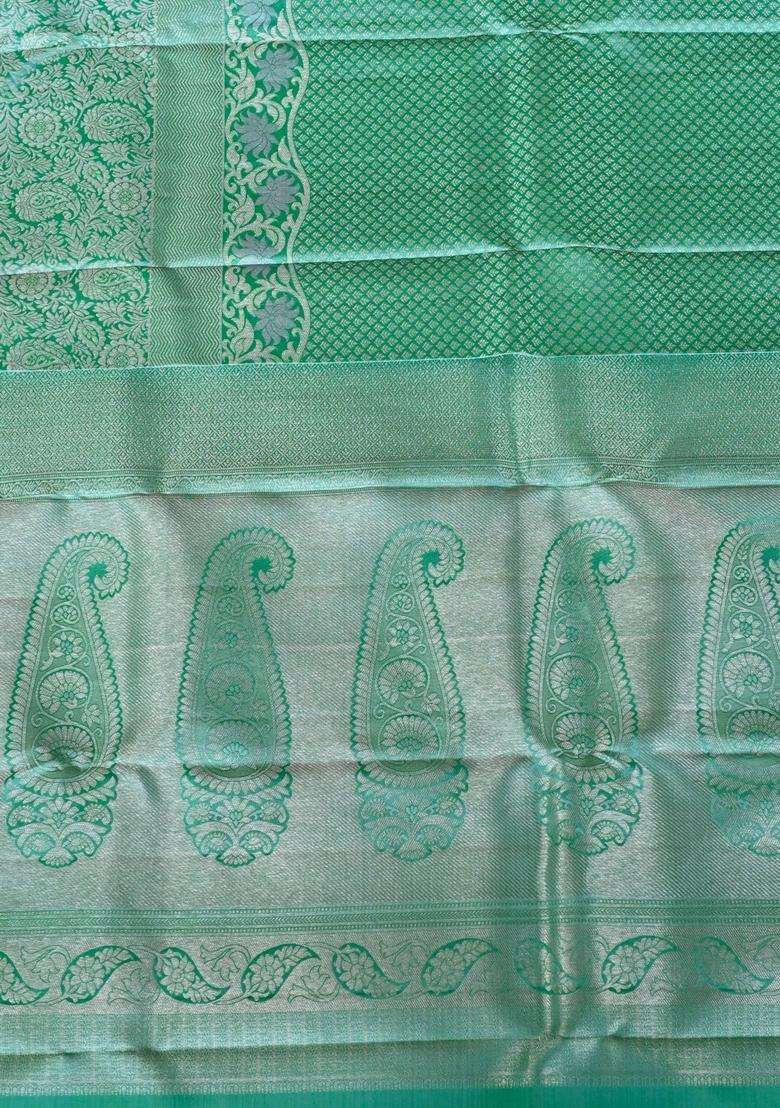 Sea Green And Gold Contrast Kanjivaram Silk Saree Contains 1 Gram Pure Gold With Traditional Woven Design For Women - Indya