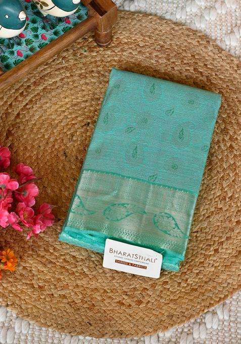 Sea Green And Gold Contrast Kanjivaram Silk Saree Contains 1 Gram Pure Gold With Traditional Woven Design For Women