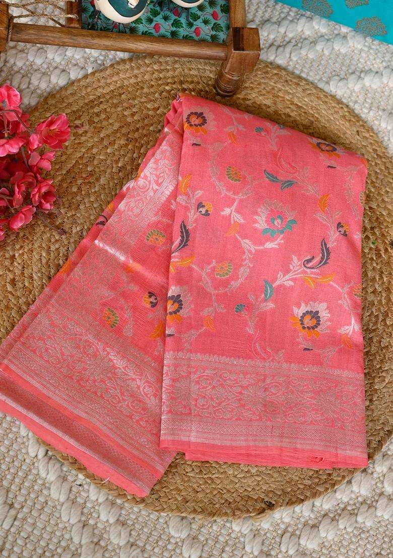 Carrot Pink Pure Paithani Silk Saree With Richness Of Meena Work And Silver Zari With Traditional Woven Design For Women - Indya