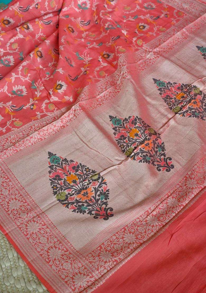 Carrot Pink Pure Paithani Silk Saree With Richness Of Meena Work And Silver Zari With Traditional Woven Design For Women - Indya