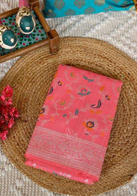 Carrot Pink Pure Paithani Silk Saree With Richness Of Meena Work And Silver Zari With Traditional Woven Design For Women