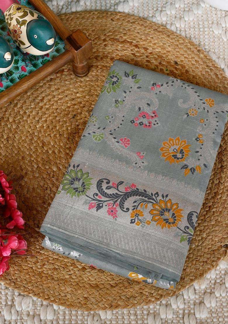Steel Gray Pure Paithani Silk Saree With Richness Of Meena Work And Silver Zari With Traditional Woven Design For Women - Indya