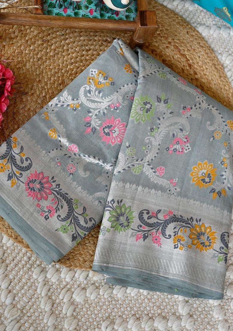 Steel Gray Pure Paithani Silk Saree With Richness Of Meena Work And Silver Zari With Traditional Woven Design For Women - Indya