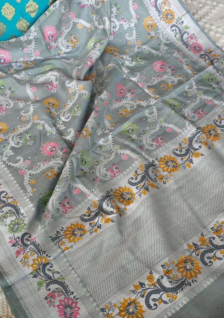 Steel Gray Pure Paithani Silk Saree With Richness Of Meena Work And Silver Zari With Traditional Woven Design For Women - Indya