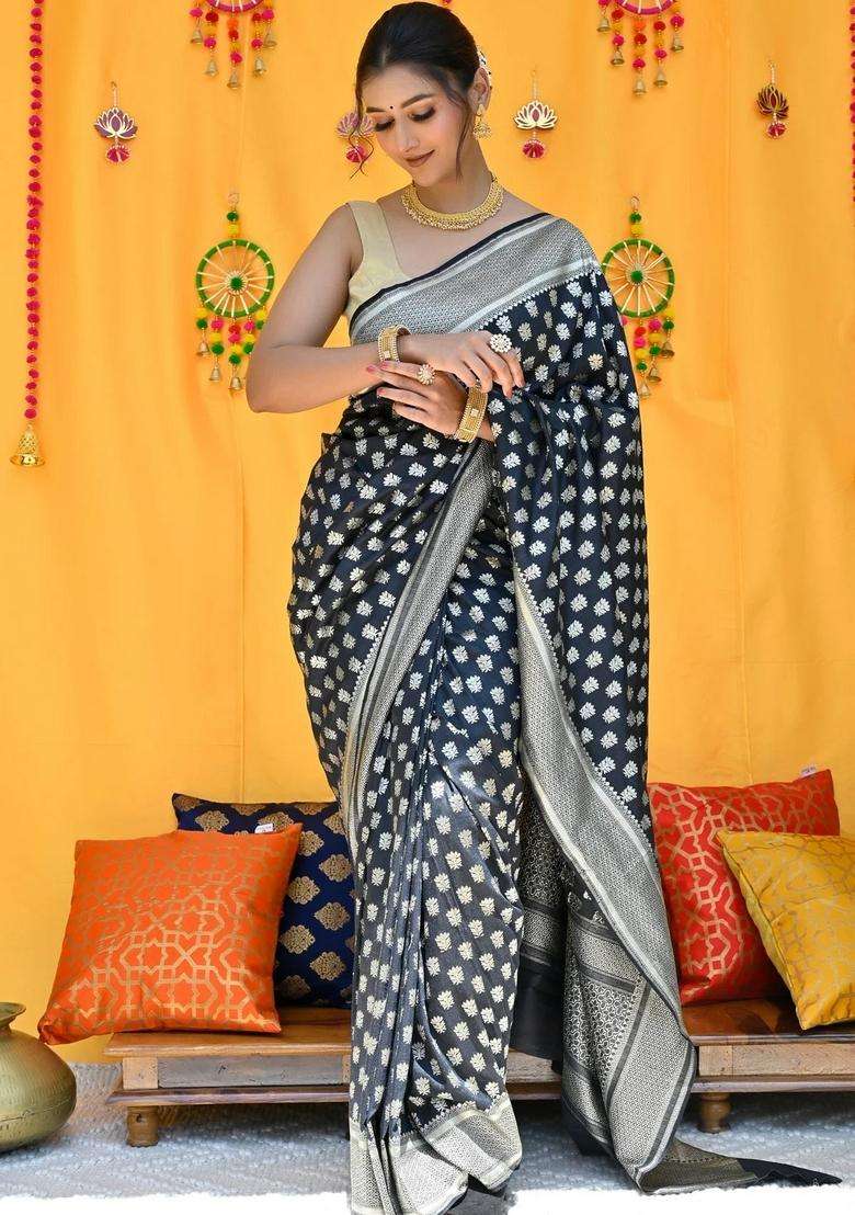 Black Pure Muga Silk Saree With Traditional Woven Design For Women - Indya