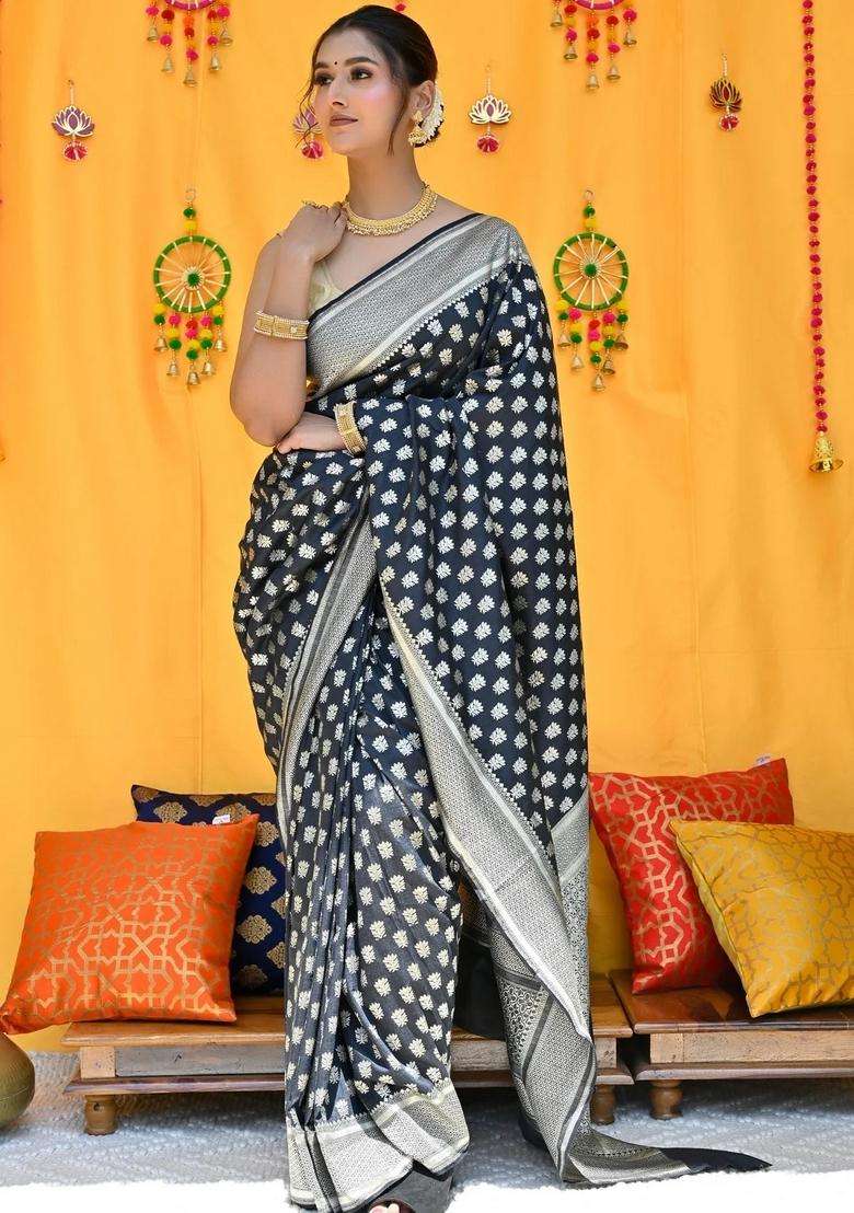 Black Pure Muga Silk Saree With Traditional Woven Design For Women - Indya