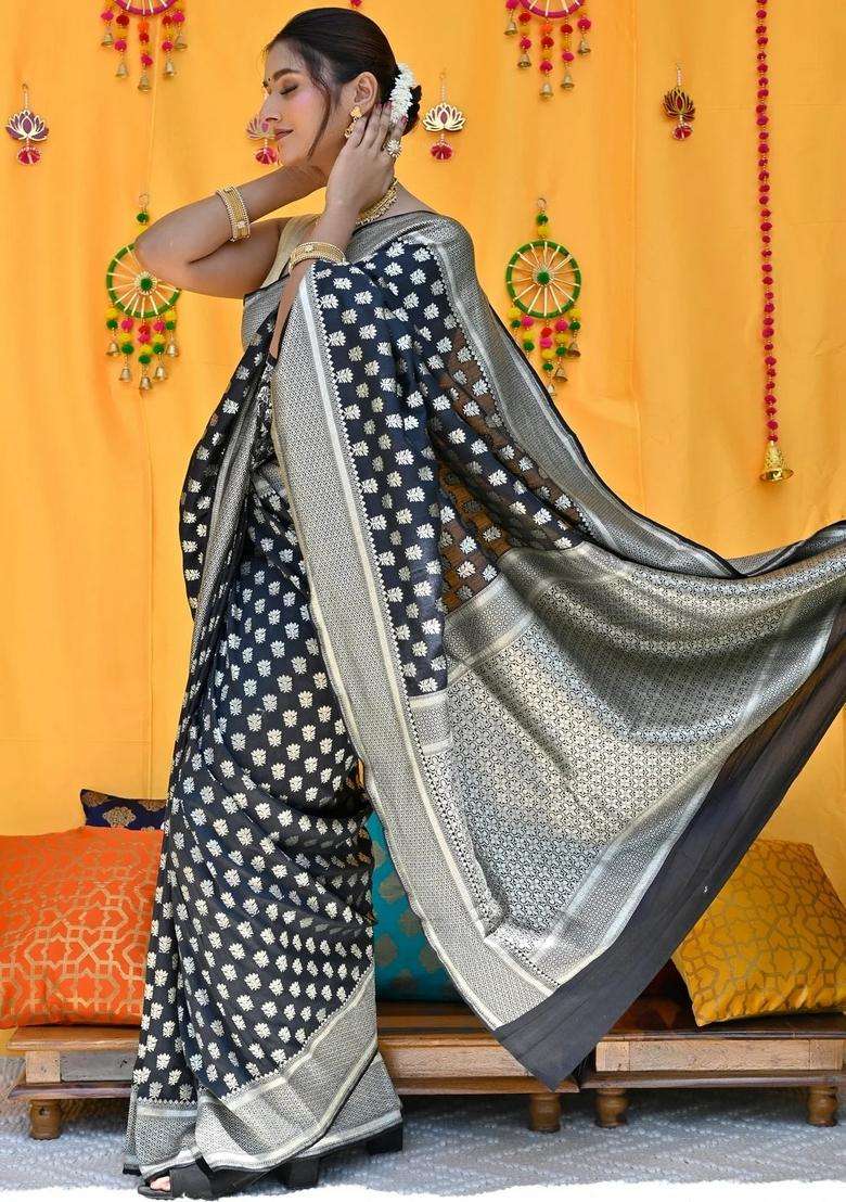 Black Pure Muga Silk Saree With Traditional Woven Design For Women - Indya