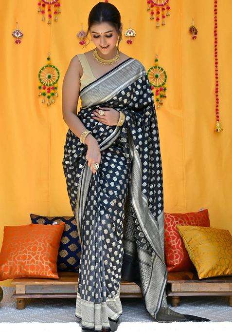 Black Pure Muga Silk Saree With Traditional Woven Design For Women