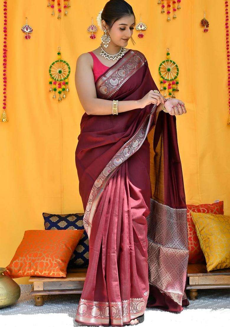 Maroon Pure Mulberry Silk Handloom Saree With Traditional Woven Design For Women - Indya
