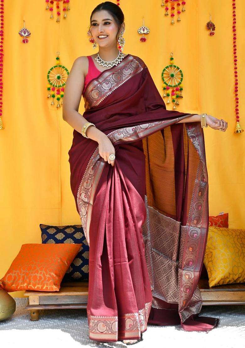 Maroon Pure Mulberry Silk Handloom Saree With Traditional Woven Design For Women - Indya