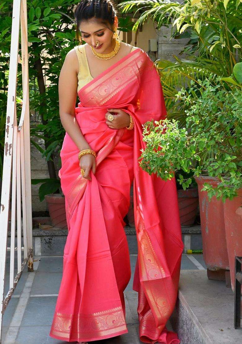 Coral Pink Pure Mulberry Silk Handloom Saree With Traditional Woven Design For Women - Indya