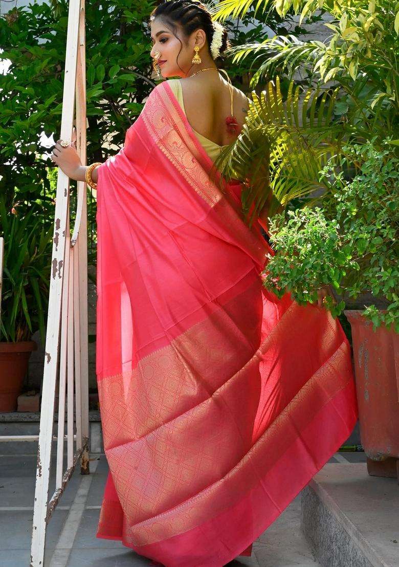 Coral Pink Pure Mulberry Silk Handloom Saree With Traditional Woven Design For Women - Indya
