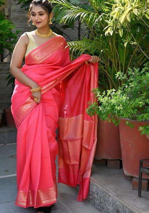 Coral Pink Pure Mulberry Silk Handloom Saree With Traditional Woven Design For Women