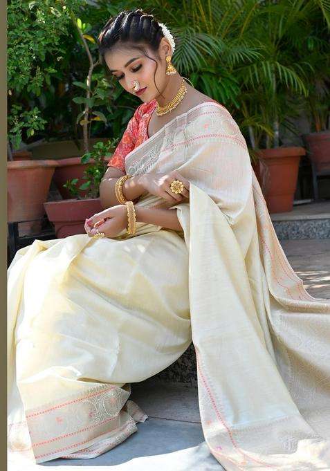 Cream Pure Mulberry Silk Handloom Saree With Traditional Woven Design For Women
