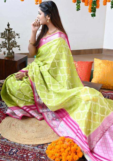 Light Green And Pink Pure Coimbatore Silk Handloom Saree With Traditional Woven Design For Women