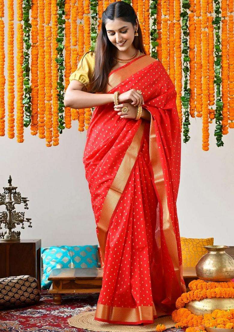Red Color Uppada Silk Saree With Zari Booties And Heavy Pallu With Traditional Woven Design For Women - Indya