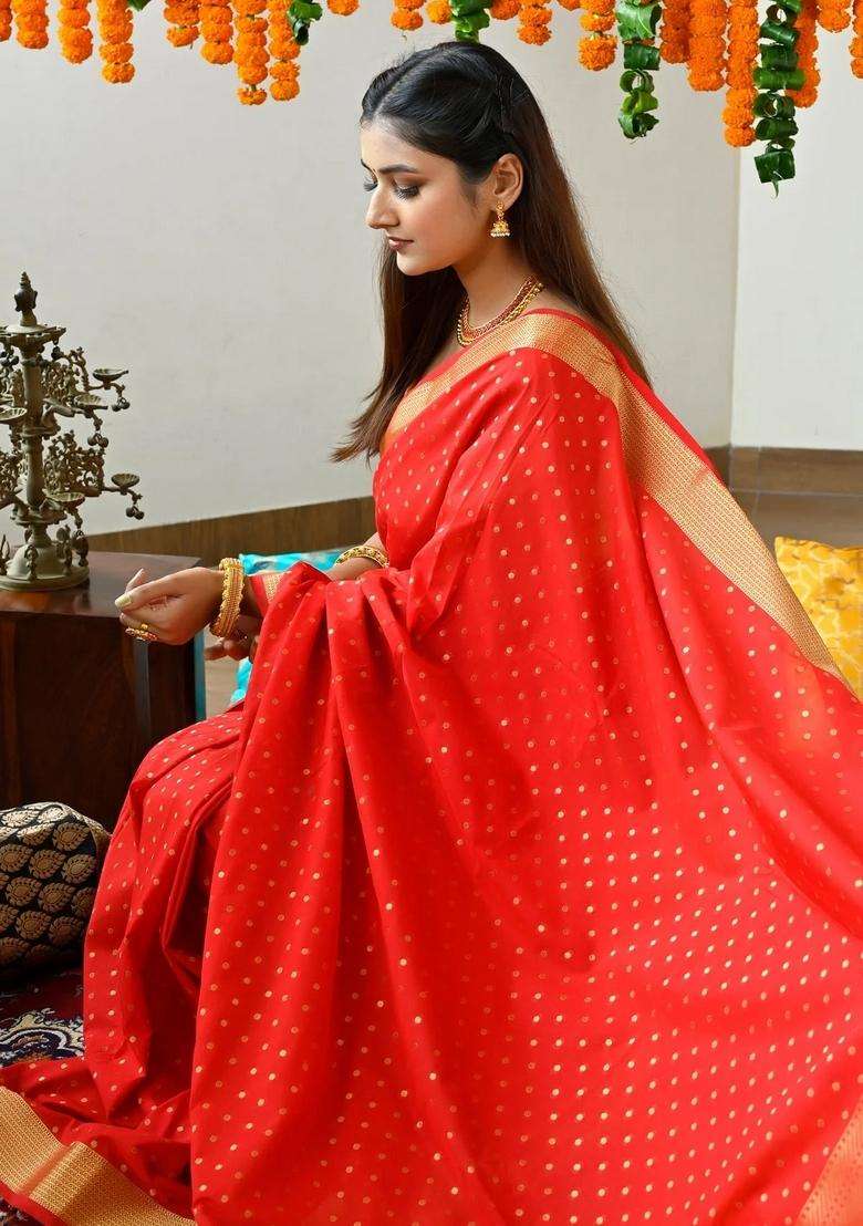 Red Color Uppada Silk Saree With Zari Booties And Heavy Pallu With Traditional Woven Design For Women - Indya
